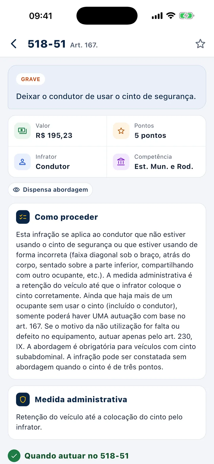 Ficha da infração 518-51 com valor, pontos, infrator e competência