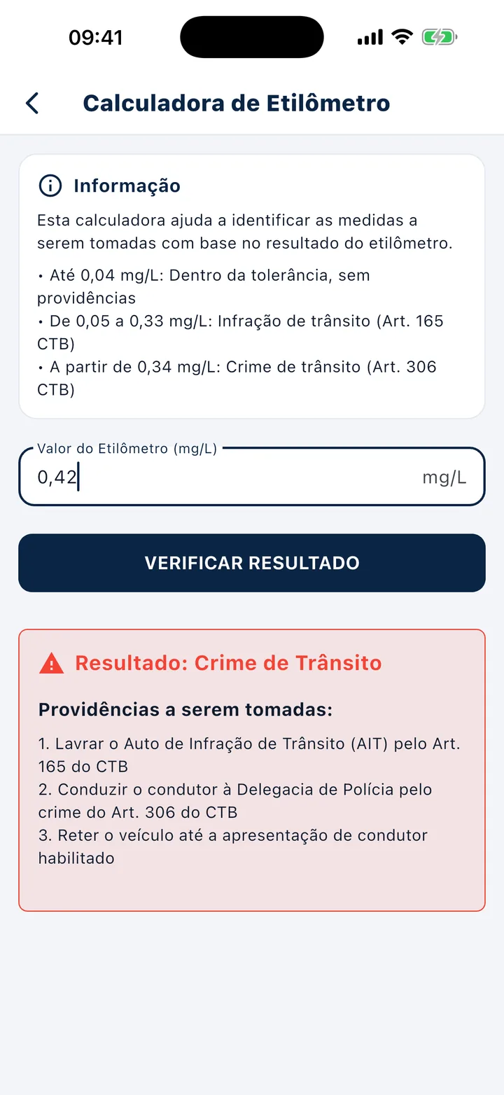 Calculadora do etilômetro mostrando crime de trânsito para 0,42 mg/L